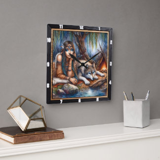 Horloge Carrée Timekeeper indien : Wolf et Maiden's Glade