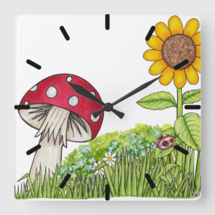 Horloge Carrée Toadstool and Sunflower Clock
