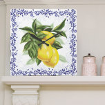 Horloge Carrée Toile Clock<br><div class="desc">Cuisine avec citrons de toile ou horloge de patio. Ce charmant design de style européen présente de lustres citrons entourés d'une frontière de toile ! Une bande de citrons mûrs et lumineux sur une branche encerclée de généreux feuilles verts. Une bordure de toile bleu marine royale filagreement borde le design....</div>