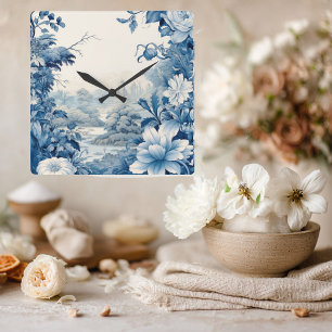 Horloge Carrée toile de Jouy bleue florale française