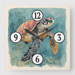 Horloge Carrée Tortue de mer aquarelle