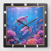 Horloge Carrée Tortue de mer sous l'océan (Recto)