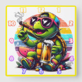 Horloge Carrée Tortue joyeuse au coucher du soleil (Recto)