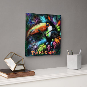 Horloge Carrée Toucan Oiseau Abstrait Fantaisiste Personnalisé