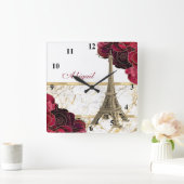 Horloge Carrée Tour Eiffel personnalisée Or, Rose Marbre blanc (Maison)