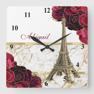 Horloge Carrée Tour Eiffel personnalisée Or, Rose Marbre blanc