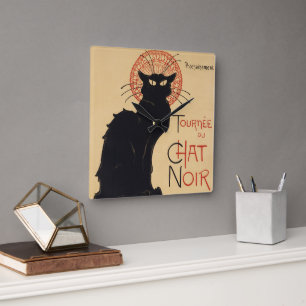 Horloge Carrée Tournee du Conversation Noir Vintage Chat noir Art