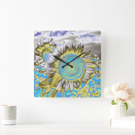 Horloge Carrée Tournesol bleu 2 (Maison)