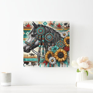 Horloge Carrée Tournesol Boho Horse