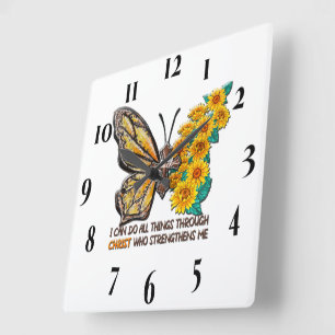 Horloge Carrée Tournesol/Croix/Papillon inspirant