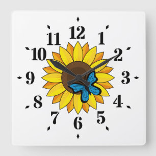 Horloge Carrée Tournesol et papillon bleu