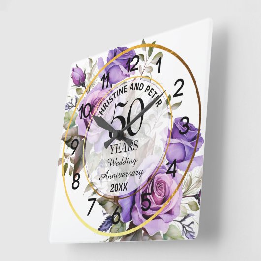 Horloge Carrée Tout Mariage Gold Frame Purple Rose Anniversaire (Angle)