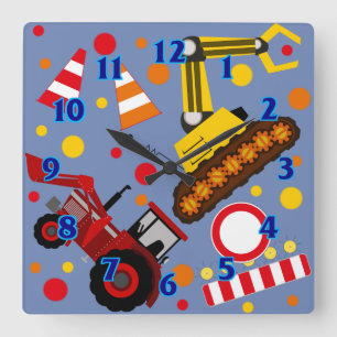 Horloge Carrée Tracteur et bulldozer polka point garçon salle pou