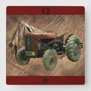 Horloge Carrée Tracteur rouge vintage Rustic Barn Shop