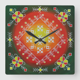 Horloge Carrée Traditional Latvian folk art with symbols painting