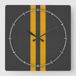 Horloge Carrée Traffic yellow racing stripes carbon style fiber
