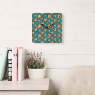 Horloge Carrée Tranches de pizza cool motif sarcelle vintage