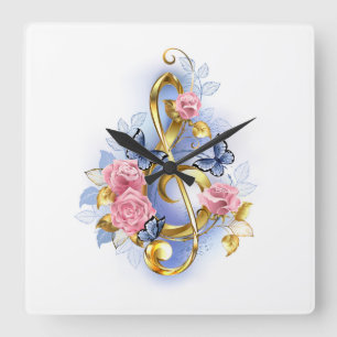 Horloge Carrée Treble clef with Pink Roses