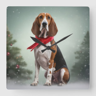Horloge Carrée Trek Walker Coonhound Dog en Noël de neige