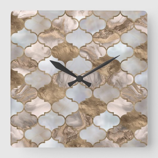 Horloge Carrée Trellis marocain Marbre blanc et or (Recto)