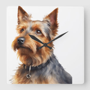 HORLOGE CARRÉE TRÈS BROWN ET GRIS CHIEN TERRIER AUSTRALIEN