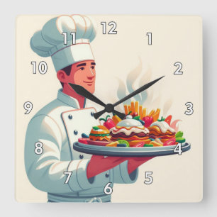 Horloge Carrée Très Cool et coloré Chef parfait transportant de l
