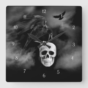 Horloge Carrée Très cool raven et crâne de style gothique Samhain