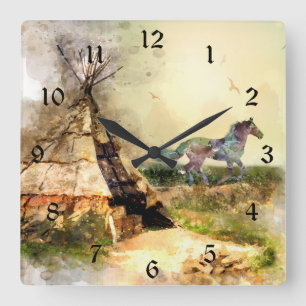 Horloge Carrée Tribal Tipi et indien Pony Boho Horse Teepee