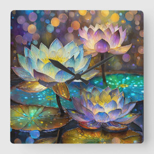 Horloge Carrée Trio de fleurs de lotus lumineuses