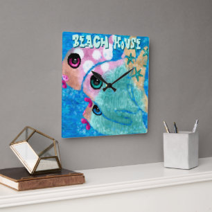 Horloge Carrée Trio de poissons abstraits fantaisistes bleus pers