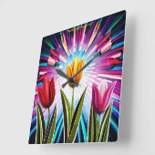 Horloge Carrée Trio de tulipes : Une explosion de beauté printani (Angle)