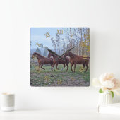 Horloge Carrée Trois Chevaux de Ranch de Châtaignes qui se déplac (Maison)