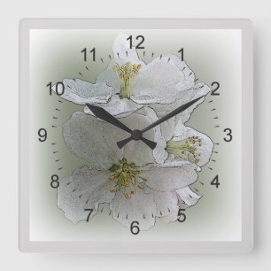 Horloge Carrée trois fleurs blanches