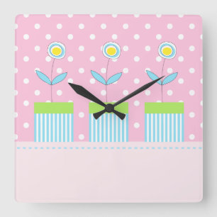 Horloge Carrée Trois fleurs sur le rose avec les points blancs
