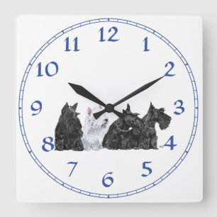 Horloge Carrée Trois Scotties et un Westie