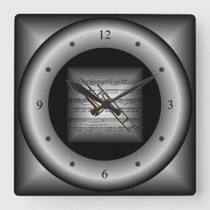 Horloge Carrée Trombone ~ 3D Partition ~ Coussin Argent/Noir ~