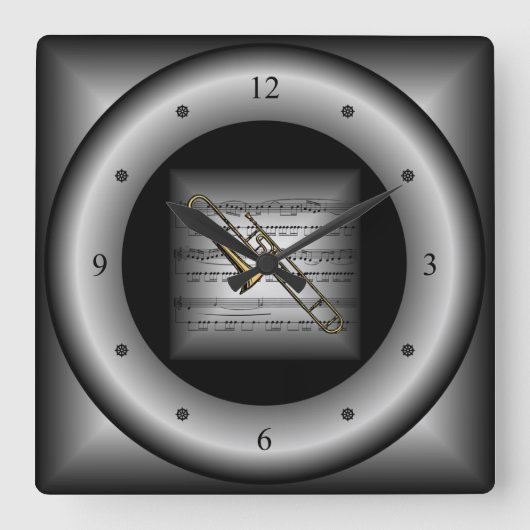 Horloge Carrée Trombone ~ 3D Partition ~ Coussin Argent/Noir ~ (Recto)