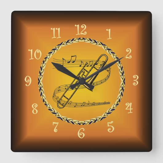 Horloge Carrée Trombone On Musical Scroll & Russet Orange ~ (Recto)