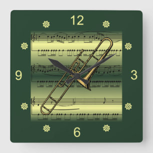 Horloge Carrée Trombone~Partition roulée~Arrière - plan or/vert~