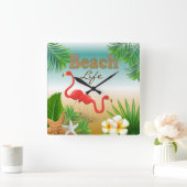 Horloge Carrée Tropical Beach Life Design with Flamingos (Maison)
