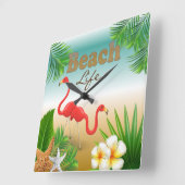Horloge Carrée Tropical Beach Life Design with Flamingos (Angle)