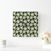 Horloge Carrée Tropical continu motif fleurs blanches feuille ver (Maison)