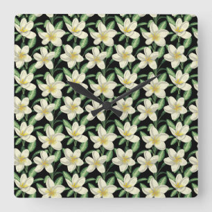 Horloge Carrée Tropical continu motif fleurs blanches feuille ver