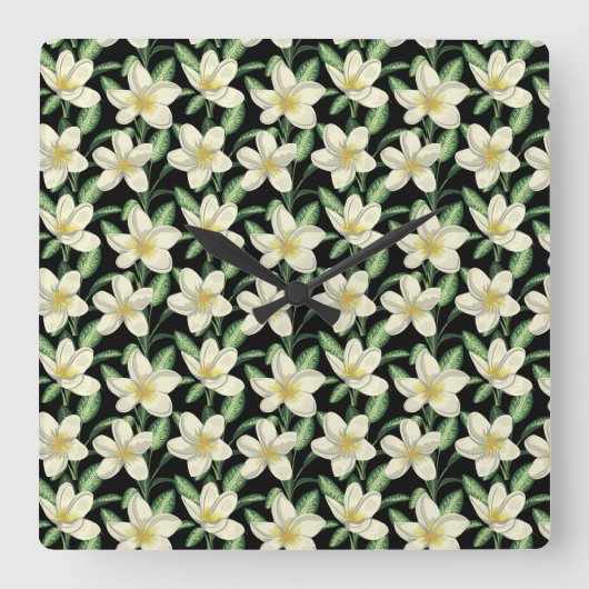 Horloge Carrée Tropical continu motif fleurs blanches feuille ver (Recto)