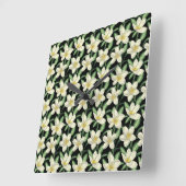 Horloge Carrée Tropical continu motif fleurs blanches feuille ver (Angle)