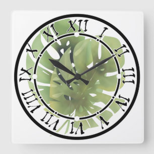 Horloge Carrée Tropical exotic green monstera leaves watercolor e