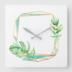 Horloge Carrée Tropical Gold Leaf Poligonal Mint blanc Gris