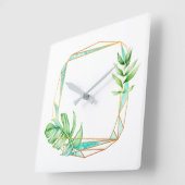 Horloge Carrée Tropical Gold Leaf Poligonal Mint blanc Gris (Angle)