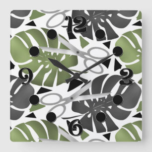 Horloge Carrée Tropical print monstera leaves scissors jungle exo