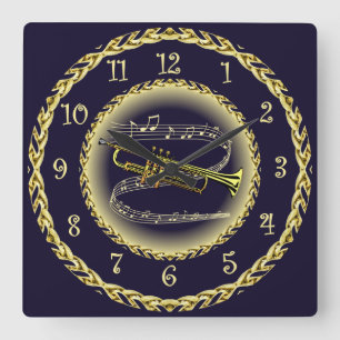 Horloge Carrée Trumpet ~ Scroll musical ~ Gold/Navy Blue ~